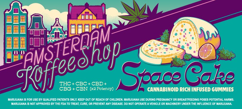 Promotional banner for TSA's Amsterdam Koffeeshop Space Cake cannabinoid-rich infused gummies with THC, CBC, CBD, CBG, CBN,  and 2x potency - Powered by BOLD Cannabis. Funfetti cake with lemon and cannabis illustration on turquoise background. Text reads "TSA now boarding international flight to Amsterdam." Keep it Craft at The Source Apothecary in Rogers, Arkansas.