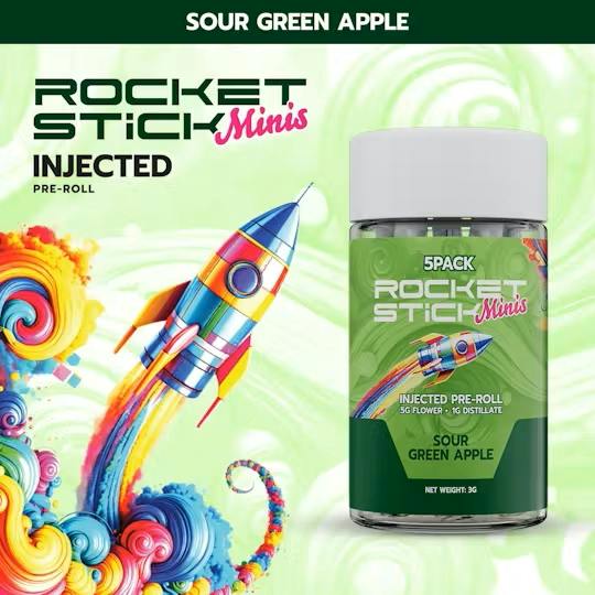 Rocket Stick Minis - Injected Pre Roll Pack (5 x 0.6g) - Sour Green Apple