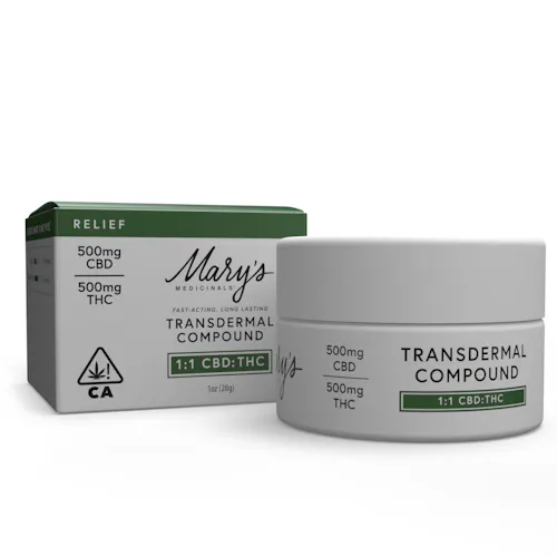 Marys Medicinals Relief 1:1 500mg THC/CBD Transdermal Compound 28g Rec-active