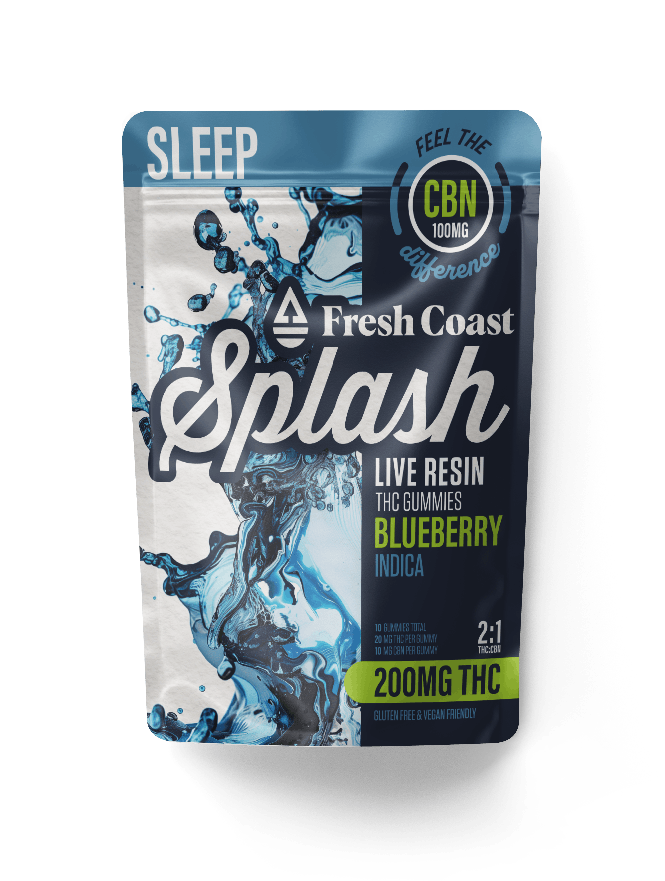 Product: Fresh Coast | Splash Blueberry Live Resin 2:1 THC:CBN Gummies | 200mg:100mg