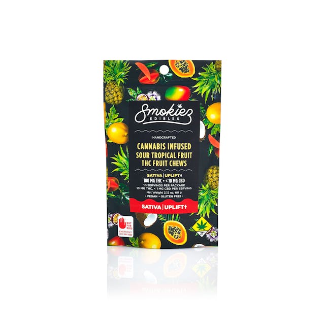 Enhanced with real cannabis terpenes! Smokiez Sour Tropical Fruit Sativa Fruit Chews are NOT YOUR AVERAGE FRUIT CHEWS™ ;) These fruit chews taste like a mesh of tart tropical fruits, with a tangy balance of fruity and citrusy notes. These delicious fruit chews are a tasty and discreet way for you to medicate! They are also Vegan, Gluten Free, Dairy-Free, and contain NO High Fructose Corn Syrup. Each of our mouth watering fruit chews contain 10 mg of THC, and made with our high clarity cannabis distillate for great taste. There are 10 pieces per package with 100 mg active THC per package.
