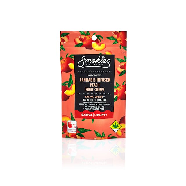 Enhanced with real cannabis terpenes! Smokiez Peach Sativa Fruit Chews are NOT YOUR AVERAGE FRUIT CHEWS™ ;) These fruit chews taste like fresh peaches picked right off the tree, with a balance of sweetness and fruity notes. These delicious fruit chews are a tasty and discreet way for you to medicate! They are also Vegan, Gluten Free, Dairy-Free, and contain NO High Fructose Corn Syrup. Each of our mouth watering fruit chews contain 10 mg of THC, and made with our high clarity cannabis distillate for great taste. There are 10 pieces per package with 100 mg active THC per package.
