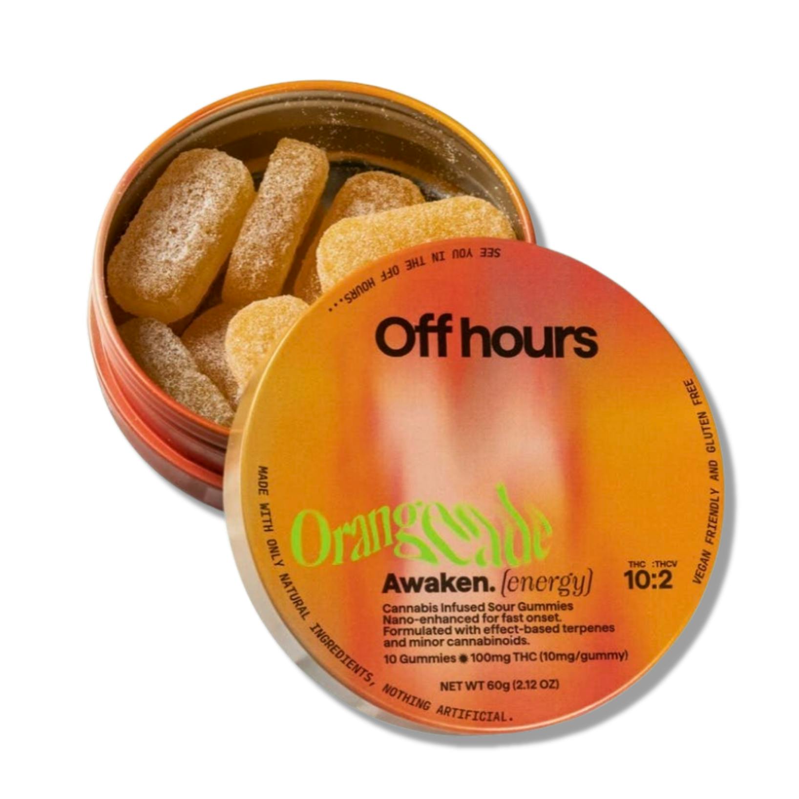 Off Hours - Awaken (Energy) Sour Orangeade 10:2 THC:THCv Gummies 10pk - 100mgOff HoursSativaTHC: 100 mg4th of July Weekend! Spend $100 Get $15 off+6
