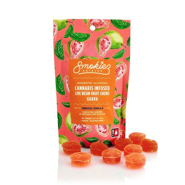 Smokiez Guava Indica Live Resin Fruit Chews are NOT YOUR AVERAGE FRUIT CHEWS™ ;) Thoughtfully extracted from full spectrum fresh-frozen cannabis - retaining all those flavorful terpenes typically lost in the curing phases. These terpenes simultaneously combined with our delicious fruit flavors result in a full-sensory, extra-flavorful, & seriously potent gummy. These delicious fruit chews are handcrafted with real fruit and an all natural recipe. Each of our mouth watering fruit chews contain 10 mg of THC, and made with our high quality live resin for good taste. There are 10 pieces per package with 100 mg active THC per package.