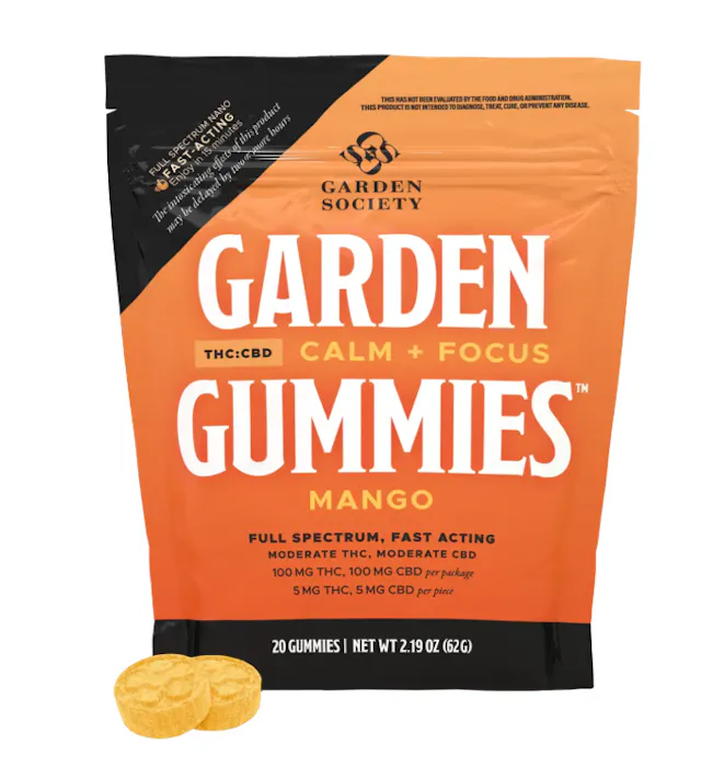 Garden Society Gummies Mango 1 THC : 1 CBD 20pk/100mg THC (hybrid, 2.8g)