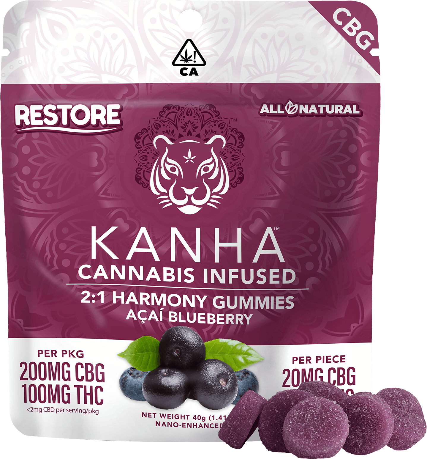 Kanha Restore | Acai Blueberry | Fast-Acting Nano Gummies - 200mg CBG, 100mg THC