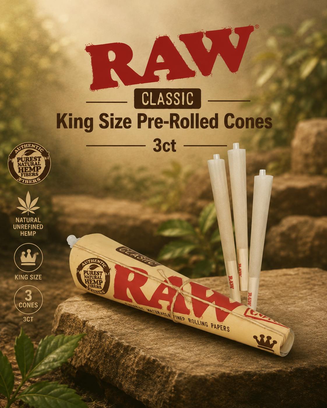 Product RAW Classic | King Size Pre-Rolled Cones | 3ct