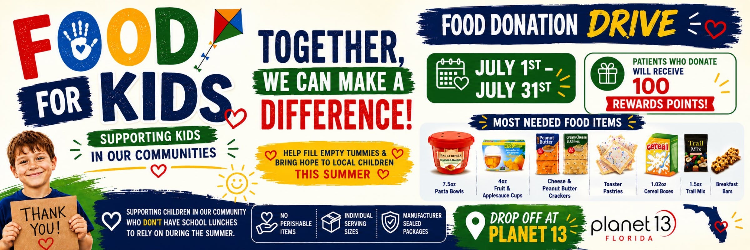 Food Drive for Kids. Together, we can make a difference! July 1st-July 31st. Patients who donate will receive 100 rewards points! Drop off at Planet 13 Florida.