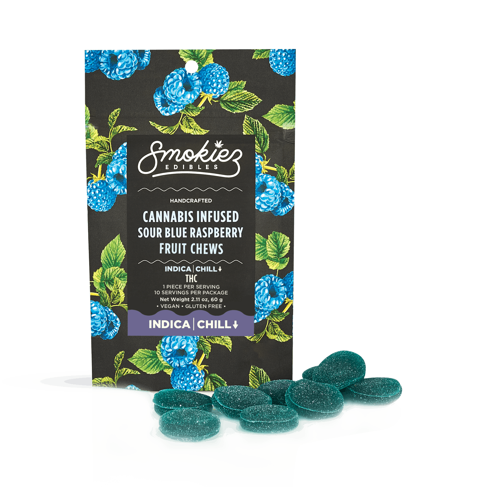 Indica Sour Blue Raspberry Fruit Chews 10pk 100mg Smokiez Have