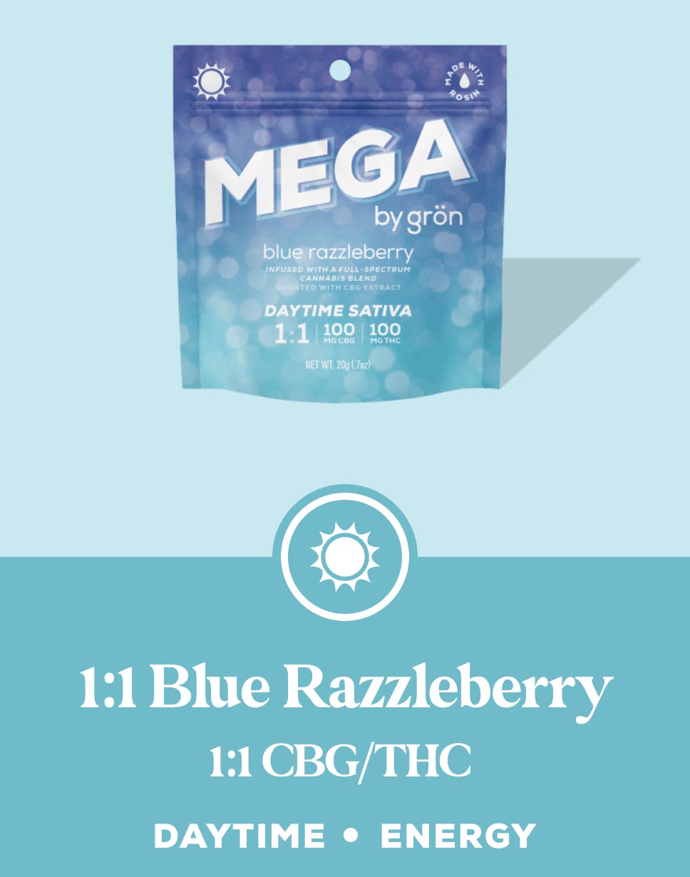Product Mega Pearl | Blue Razzleberry (S) | 1:1 THC:CBG 100mg | Gron