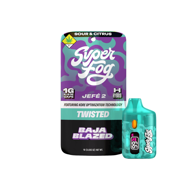 TYPE: Hybrid 
TASTING NOTES: Sour & Citrus
Warning: this one’s got a kick. Baja Blazed brings bright citrus flavor with a mouthwatering sour finish that keeps every draw crisp and refreshing. Bold enough to wake up your taste buds and smooth enough to keep you coming back. Vacation sold separately.
TWISTED is a flavorful, high-strength concentrate that uses melted THCa diamonds for potency and all-natural terpenes for unique flavor profiles that are exciting and familiar.
Introducing the all-new Mfused Jefé 2 device! 
LED screen display 
Dosing Timer – Time your hits to monitor vapor intake 
Battery Life – Monitor battery level so you’re never caught off guard 
Temperature Display – Easily see which temperature your device is set to 
Cold Start – Two taps: six-second preheat with on-screen countdown to prevent potential clogging issues 
Temp Modes – Three taps: cycle through Flavor Savor, Blaze Mode and K.O. Mode 
K.O. Mode – Kore Optimization Mode delivers a 15-second extended draw while protecting oil quality 
Ninja Mode – Four taps: display and all light output off; repeat to exit 
On/Off – Five taps: control battery life by turning off device when not in use 
Gen3 postless ceramic core, custom-tuned for each oil type and product line 
Discreet size and ergonomic shape for convenience 
Fast charging via USB-C with multi-day battery endurance 
Zero harmful additives 
Independently tested to ensure product safety 
Designed, tested and developed in the U.S. with our aerosol testing laboratory
