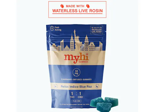 MyHi | Relax Indica Blue Raz | 1:1 THC / CBD + CBN | Waterless Live Rosin Gummies | | 10pk-active