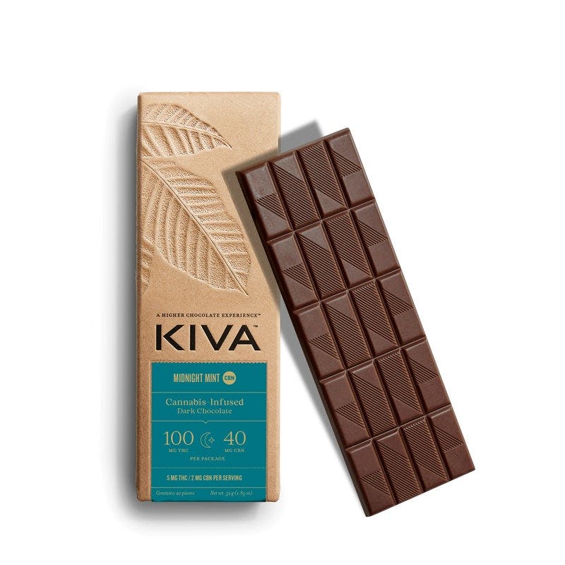 Kiva Chocolate Bar 100mg- Midnight Mint  (5:2 THC:CBN)KivaIndicaTHC: 30.7%TERPS: 2.11%25% off orders over $200+1