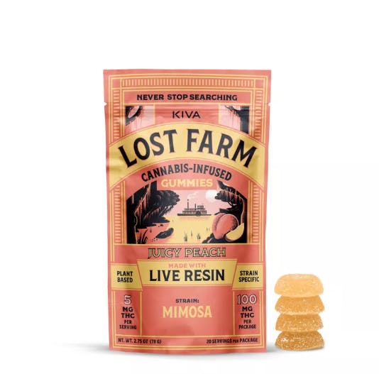 Product: Kiva Lost Farm | Juicy Peach x Mimosa | Live Resin Gummies - 100mg