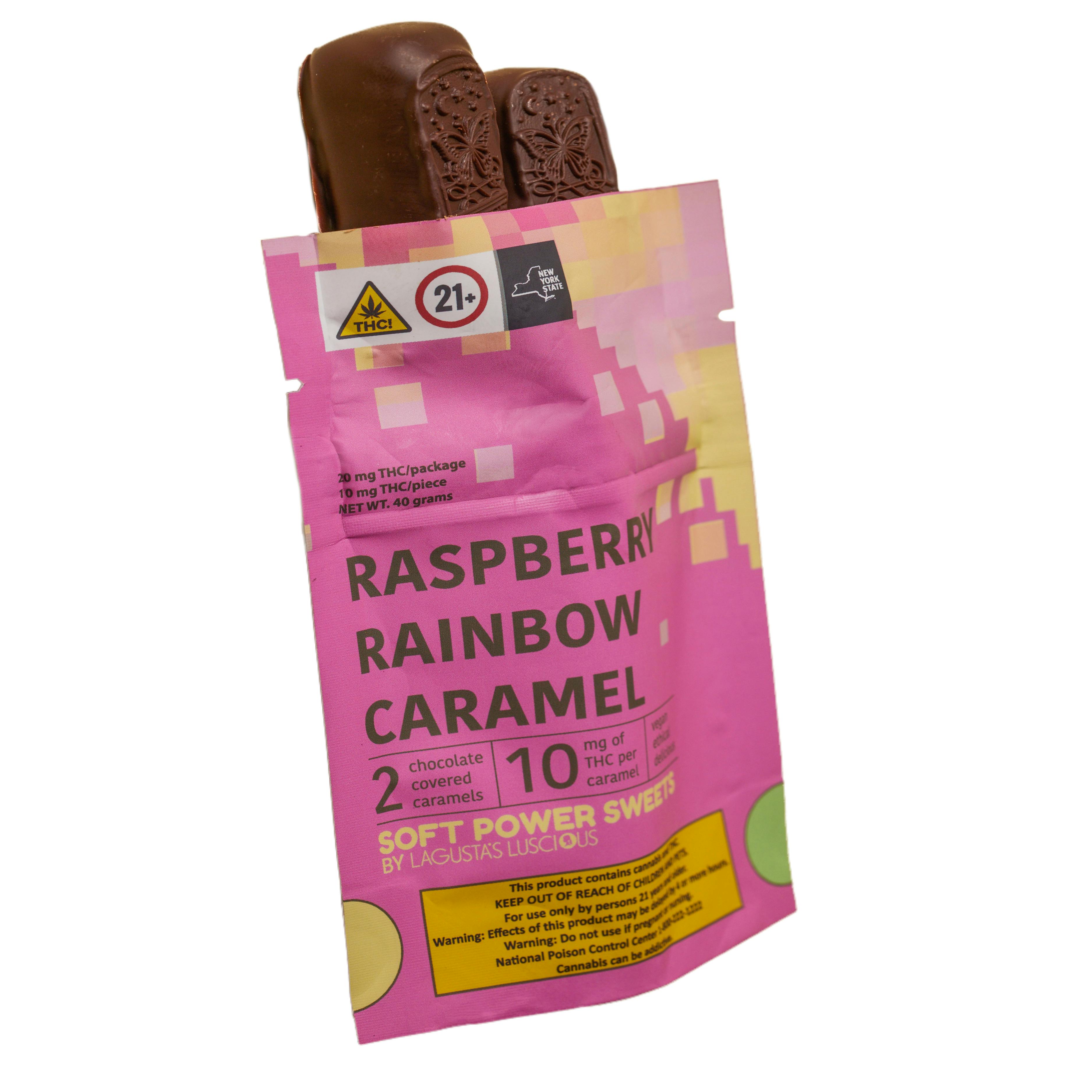 Photo of Raspberry Rainbow chocolate covered caramel w Almond – 20mg/unit