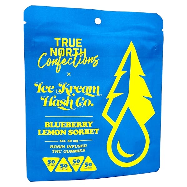 Product: True North Confections x Ice Kream Hash Co. | Blueberry Lemon Sorbet Hash Rosin Gummies 4pc | 200mg