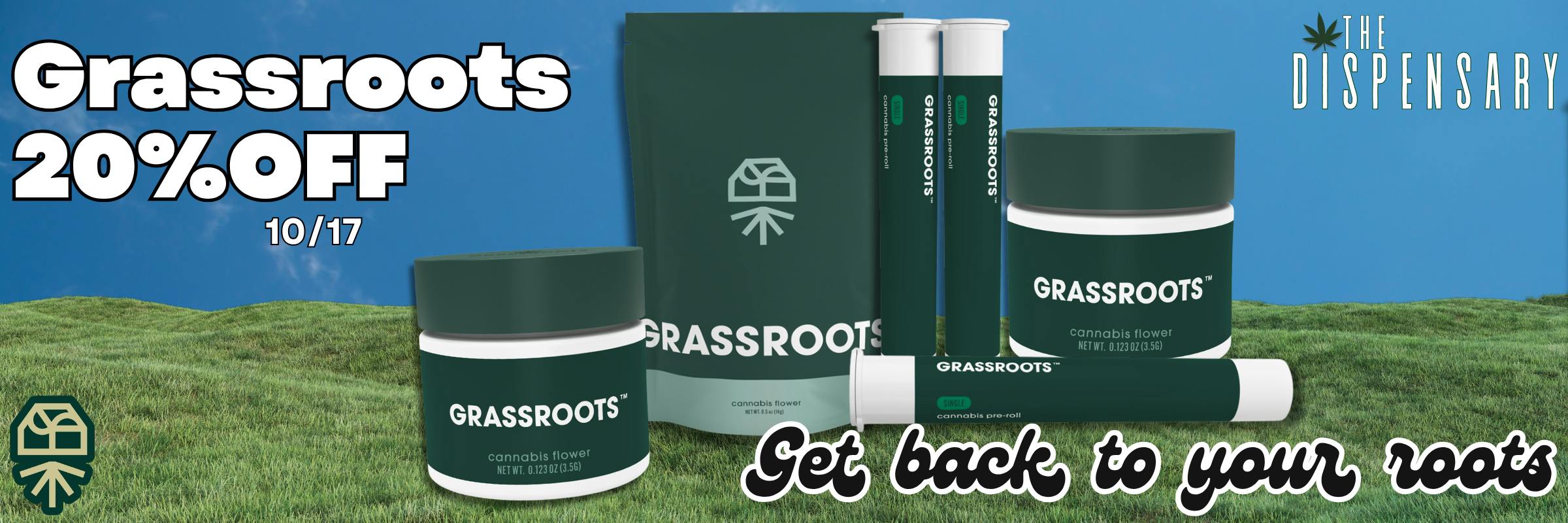 Grassroots Products on a green and blur background with text that says 20% off 10/17