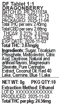 Dragonberry 1:1 THC:CBD Chewable Tablet 10pk