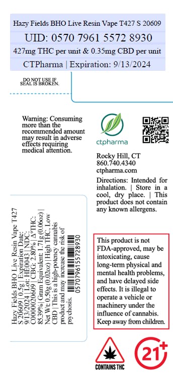 CTPharma Hazy Fields BHO Live Resin Vape T427 S Cartridge
