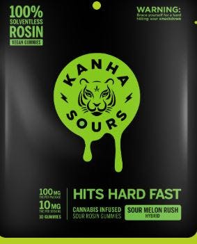 Product 10mg Hybrid Sour Melon Rush Solventless Rosin Gummies 10pk/20 servings
