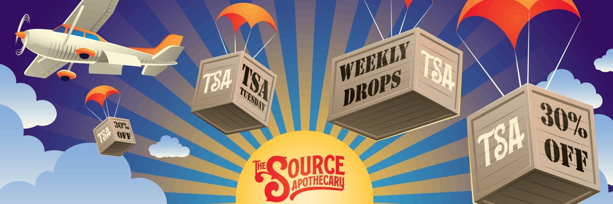 TSA Tuesday weekly drops promotional banner for 30% off select TSA products at The Source Dispensary & Apothecary in Rogers, Arkansas, featuring an airplane dropping parachuted wooden crates labeled TSA across a sunny blue sky.