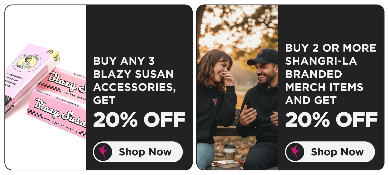 Ohio Shangri-La accessories and merchandise promotion featuring Blazy Susan rolling papers, cones, and smoking accessories alongside Shangri-La branded apparel. Purchase any three Blazy Susan accessories to receive 20% off, or buy two or more Shangri-La branded merchandise items and receive 20% off.