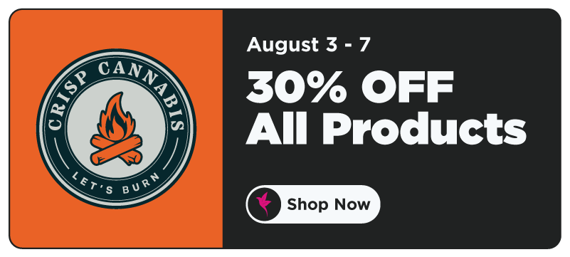 Shangri-La cannabis promotion featuring Crisp Cannabis with 30% off all products from August 3–7 and a Shop Now call-to-action.