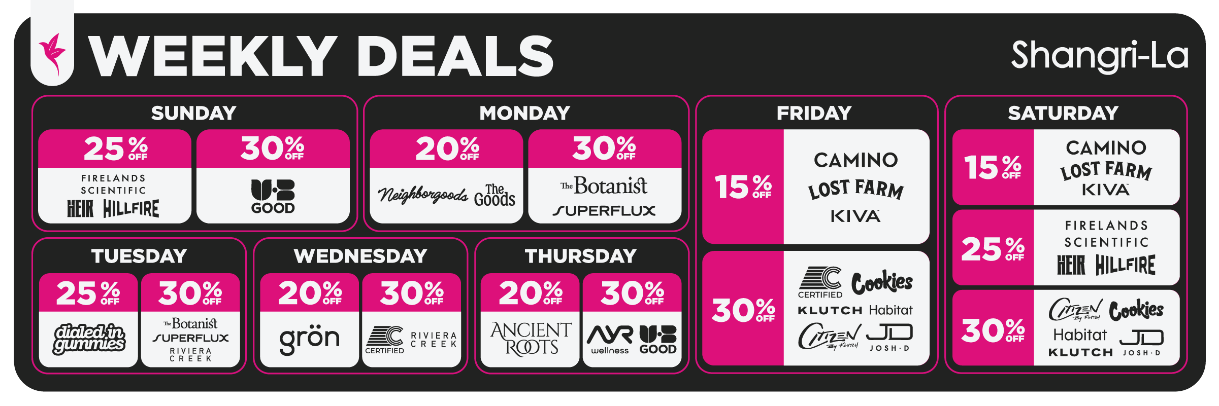Shangri-La Ohio weekly cannabis deals banner featuring daily discounts on flower, edibles, vapes, concentrates, and gummies from brands including Firelands Scientific, Hillfire, The Botanist, Superflux, Grön, Riviera Creek, Ancient Roots, AYR, Camino, Lost Farm, Kiva, Cookies, Klutch, and Certified.