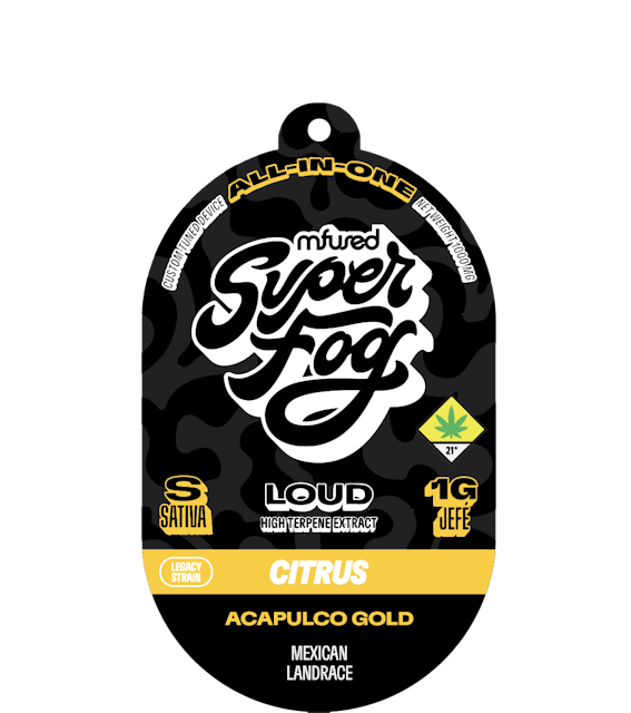TYPE: Sativa
GENETICS: Mexican Landrace
CLASSIFICATION: Legacy Strain / Citrus Profile
--
Introducing Acapulco Gold, the iconic legacy strain that’s pure gold for your senses. With its vibrant, earthy flavor and euphoric high, it’s like a vacation in a puff. Get ready to elevate your day with the timeless magic of Acapulco Gold. Remember, life’s a beach! 
--
LOUD is a Live Resin High Terpene Extract made from fresh, never-frozen cannabis flower grown by our trusted partner farms in each state. Our extraction process preserves the natural flavors and aromas, delivering a complex, flavorful and aromatic experience.
--
Powered by the Mfused Jefé: 
+ Live resin extracts
+ New ergonomic shape is comfortable, discreet and convenient
+ Custom-designed atomizer is tuned for the most authentic expression of our extracts
+ Designed, tested and developed in the U.S. with our aerosol testing laboratory
+ Spark Button allows for a fully customized cannabis experience
+ Button controls device ON/OFF, cold-start and variable temperature settings
+ Fast charging via USB-C with multi-day battery endurance
+ Zero artificial additives or flavoring
+ Independently tested to ensure product safety