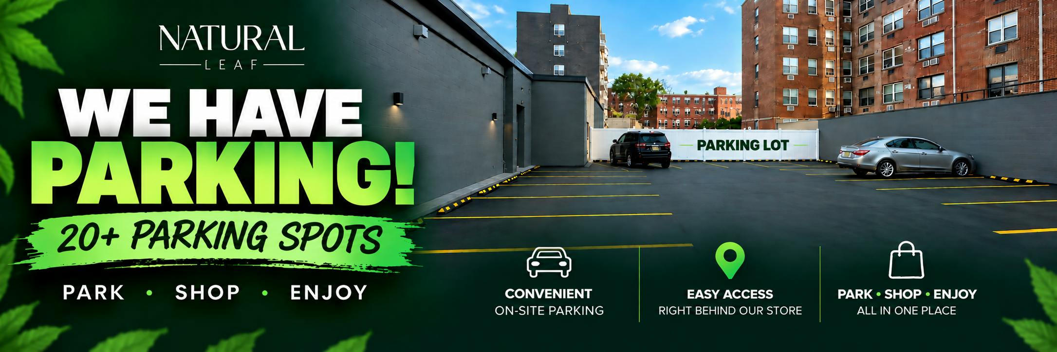 20+ on-site parking spaces behind the store on Queens Boulevard.