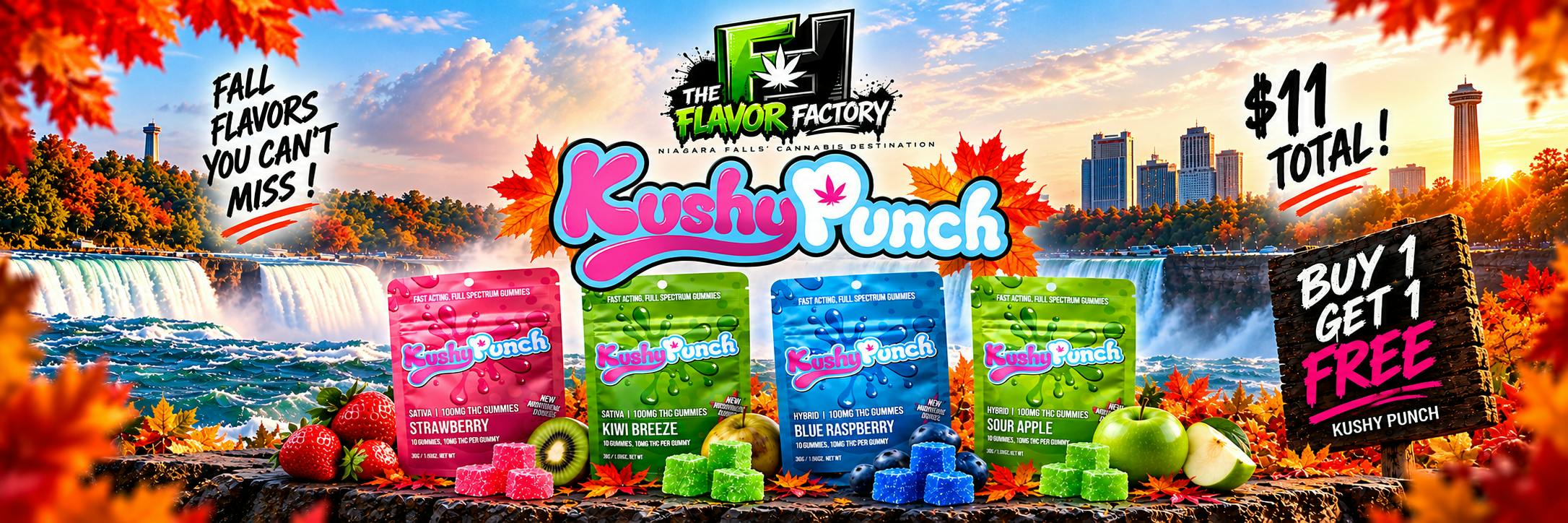 Shop the Kushy Punch Buy 1 Get 1 Free gummy deal at The FlavorFactory, Niagara Falls’ cannabis destination. Featuring Strawberry, Kiwi Breeze, Blue Raspberry, and Sour Apple 100mg THC gummies for just $11 total. Discover premium New York cannabis brands, edibles, flower, vapes, and exclusive dispensary deals in Niagara Falls, NY.