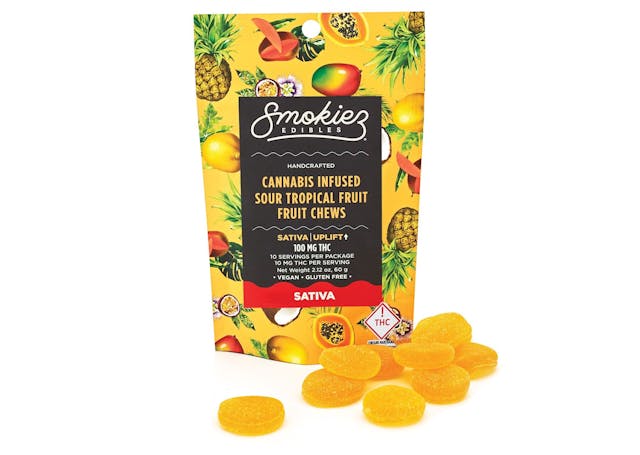 Enhanced with real cannabis terpenes!
Smokiez Tropical Fruit Sativa Fruit Chews are NOT YOUR AVERAGE FRUIT CHEWS™ ;)
These fruit chews taste like a mesh of fresh tropical fruits, with a balance of sweetness and fruity notes. 
These delicious fruit chews are a tasty and discreet way for you to medicate!
They are also Vegan, Gluten Free, Dairy-Free, and contain NO High Fructose Corn Syrup. 
Each of our mouth watering fruit chews contain 10 mg of THC, and made with our high clarity cannabis distillate for great taste. 
There are 10 pieces per package with 100 mg active THC per package.