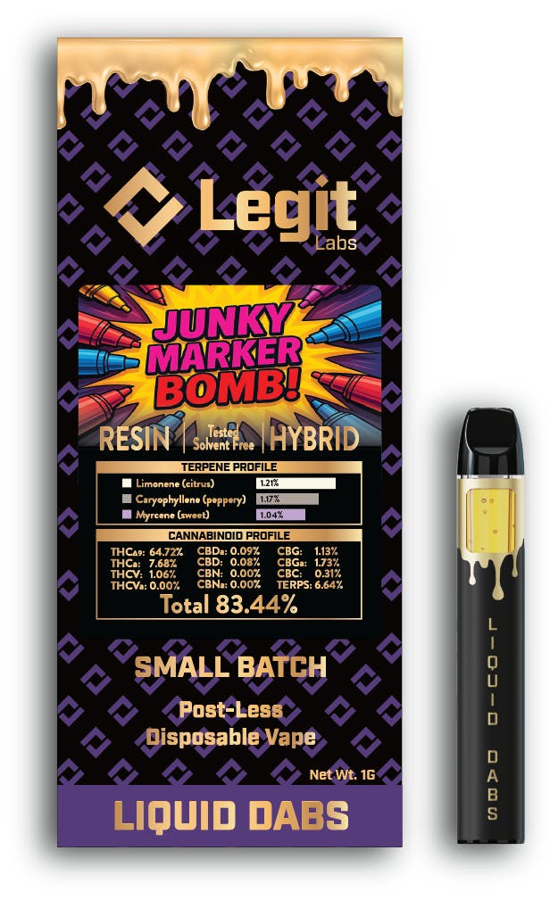 Product: Legit Labs | Junky Marker Bomb | Cured Resin Disposable Vape Hybrid