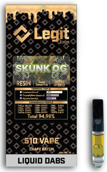 Product: Skunk OG | 510 Thread | Cured Resin | Legit Labs