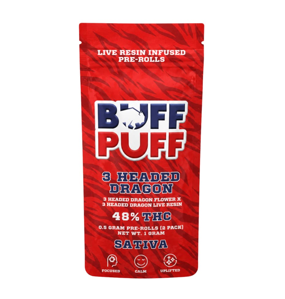 3 Headed Dragon | 1g | Live Resin Infused Pre rolls | 2 Pack each | Sativa | Buff Puff