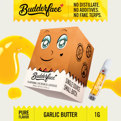 BUDDERFACE | Garlic Butter | 1G | Artisanal Live Resin 510 Disposable Cart - CARTRIDGES by Budderface at King of Budz
