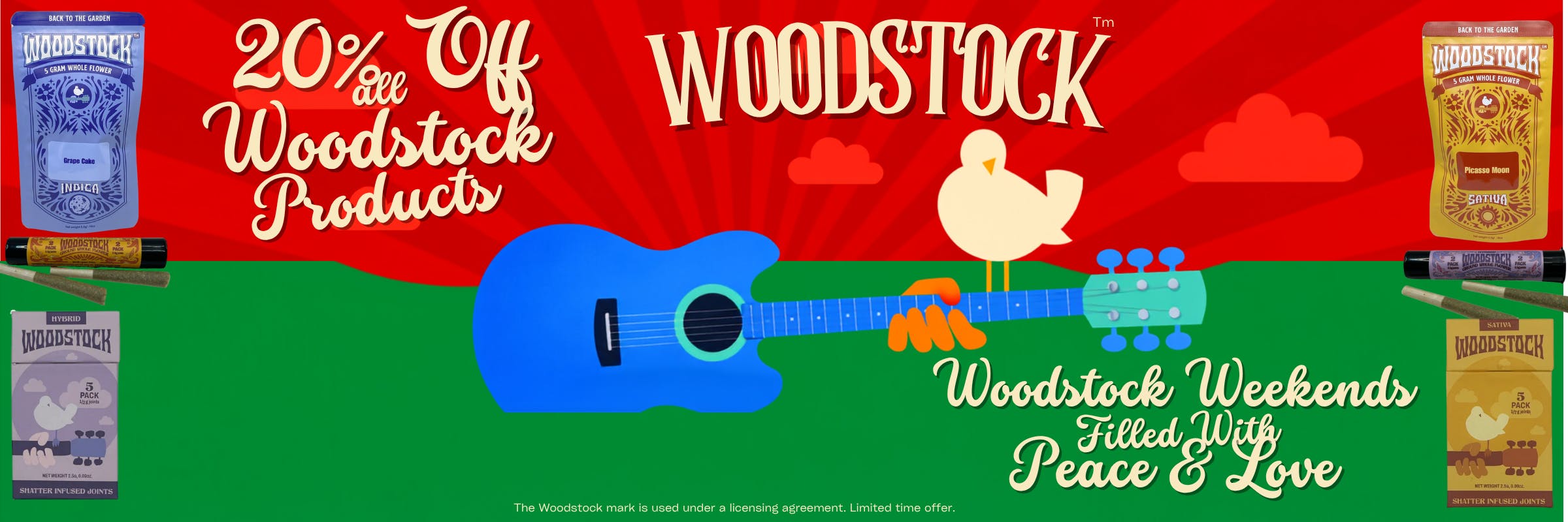 Woodstock Weekend 20 percent off all products, Friday to Sunday