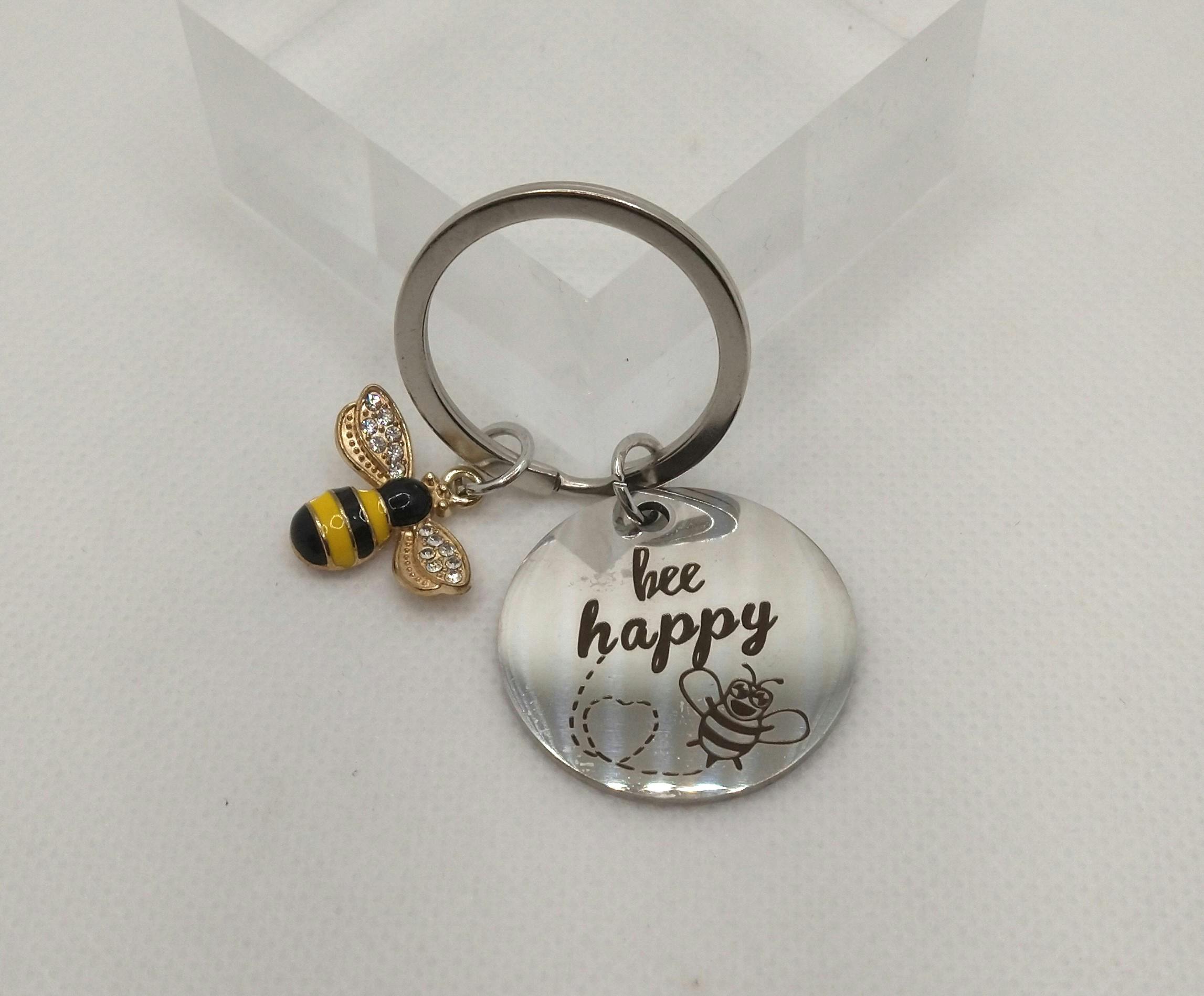 Bee Happy Keychain | Silver & Gold | Script Font