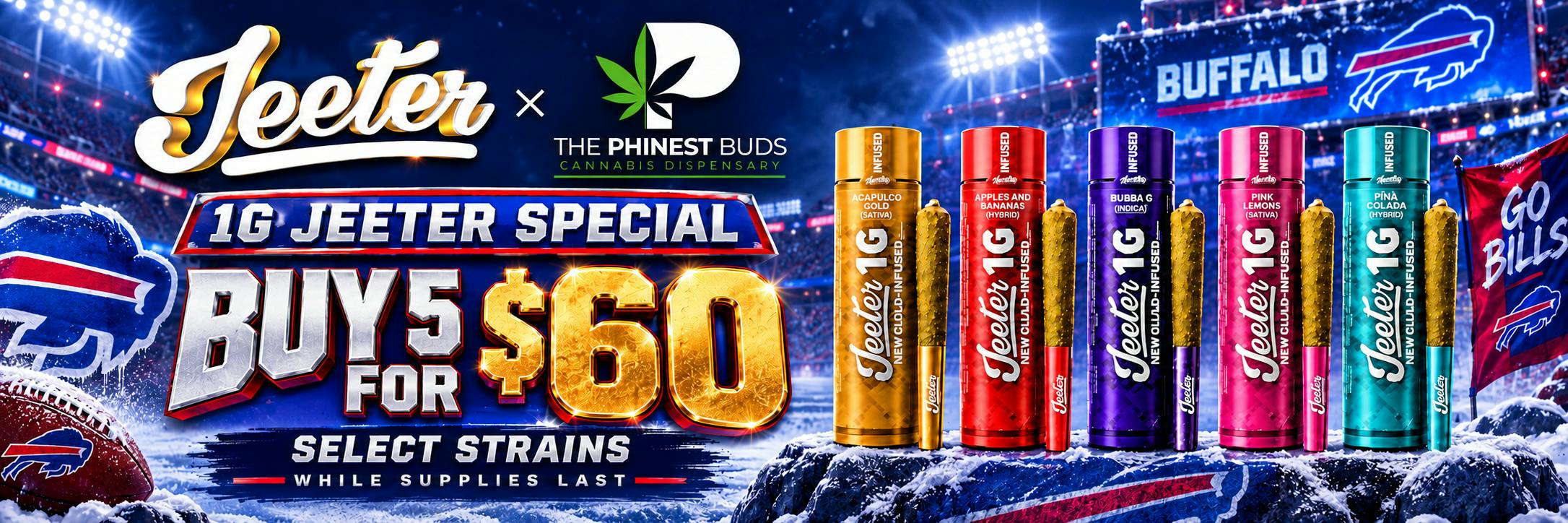 Jeeter 1g QUAD infused pre rolls buy 5 for $60 special at The Phinest Buds Cannabis Dispensary located at 576 Dick rd ste 10a Depew Ny 14043