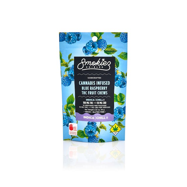 Enhanced with real cannabis terpenes! Smokiez Blue Raspberry Indica Fruit Chews are NOT YOUR AVERAGE FRUIT CHEWS™ ;) These fruit chews taste like fresh raspberries, with a juicy and slightly tangy taste that is reminiscent of ripe berries. These delicious fruit chews are a tasty and discreet way for you to medicate! They are also Vegan, Gluten Free, Dairy-Free, and contain NO High Fructose Corn Syrup. Each of our mouth watering fruit chews contain 10 mg of THC, and made with our high clarity cannabis distillate for great taste. There are 10 pieces per package with 100 mg active THC per package.