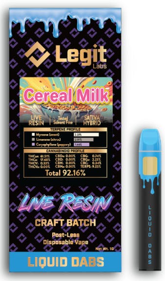 Product: Cereal Milk | Post-Less Disposable | Live Resin | Legit Labs