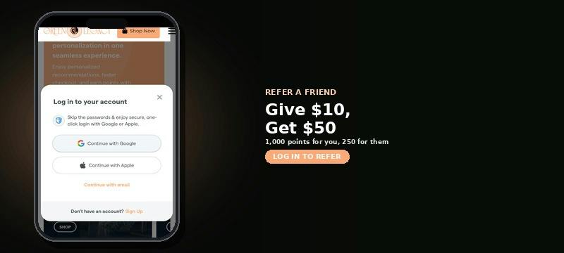 Refer a friend to Green Legacy DC — they get 250 points ($10 credit), you get 1,000 points ($50 credit). Log in to your account to refer.