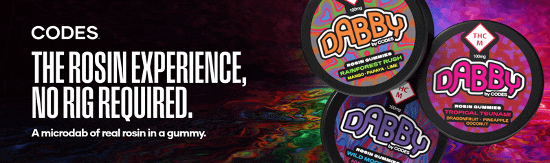 Dabby by CODES rosin gummies banner — 'The Rosin Experience, No Rig Required' — featuring three 100mg THC tins: Rainforest Rush (mango, papaya, lime), Tropical Tsunami (dragonfruit, pineapple, coconut), and Wild Moonberry (açai, pomegranate, blueberry).