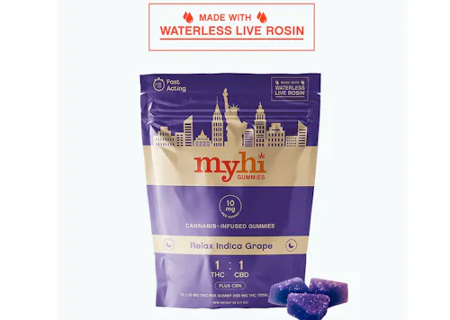 MyHi | Relax Indica Grape | 1:1 THC / CBD + CBN | Waterless Live Rosin Gummies | 10pk-active