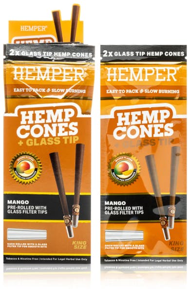 Product: Hemper | Mango | 100mm King Size Hemp Cone + Glass Tip | 2Pack