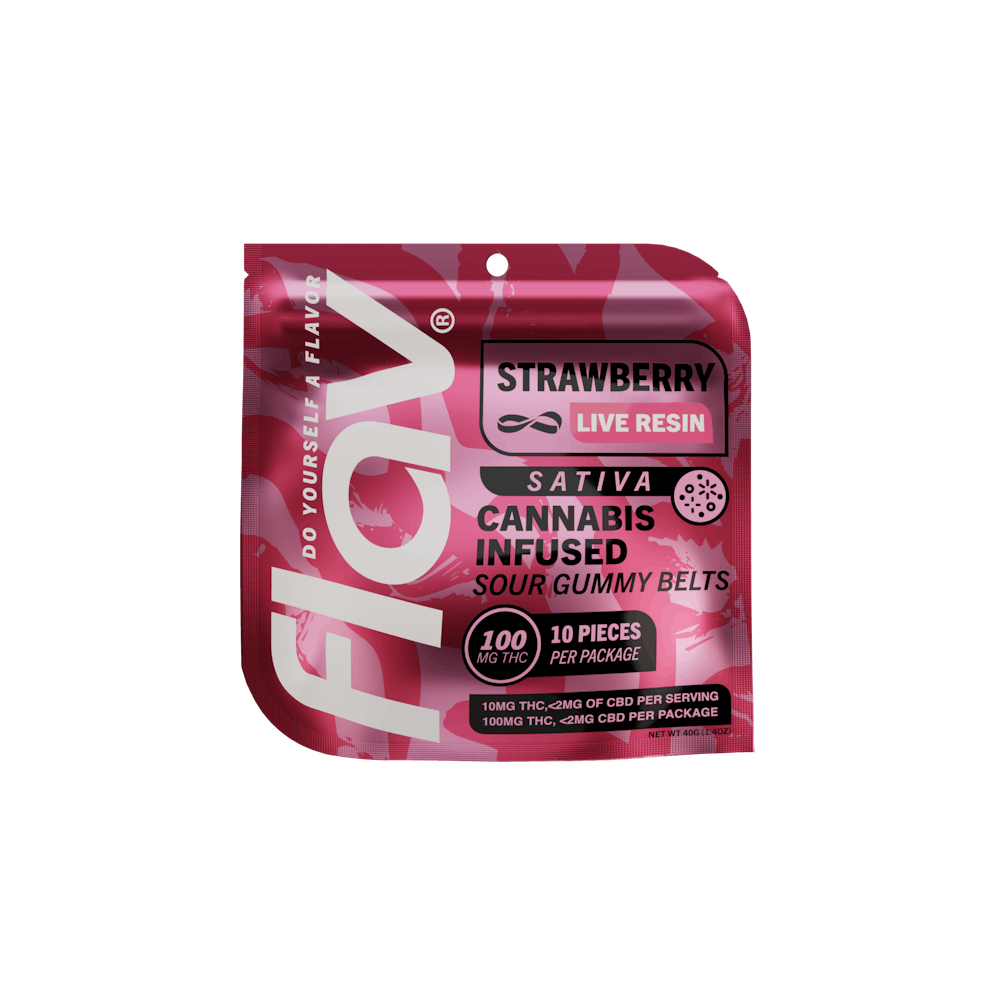 Product Flav | Strawberry Sour Belts | Live Resin Gummies | 10ct | 100mg