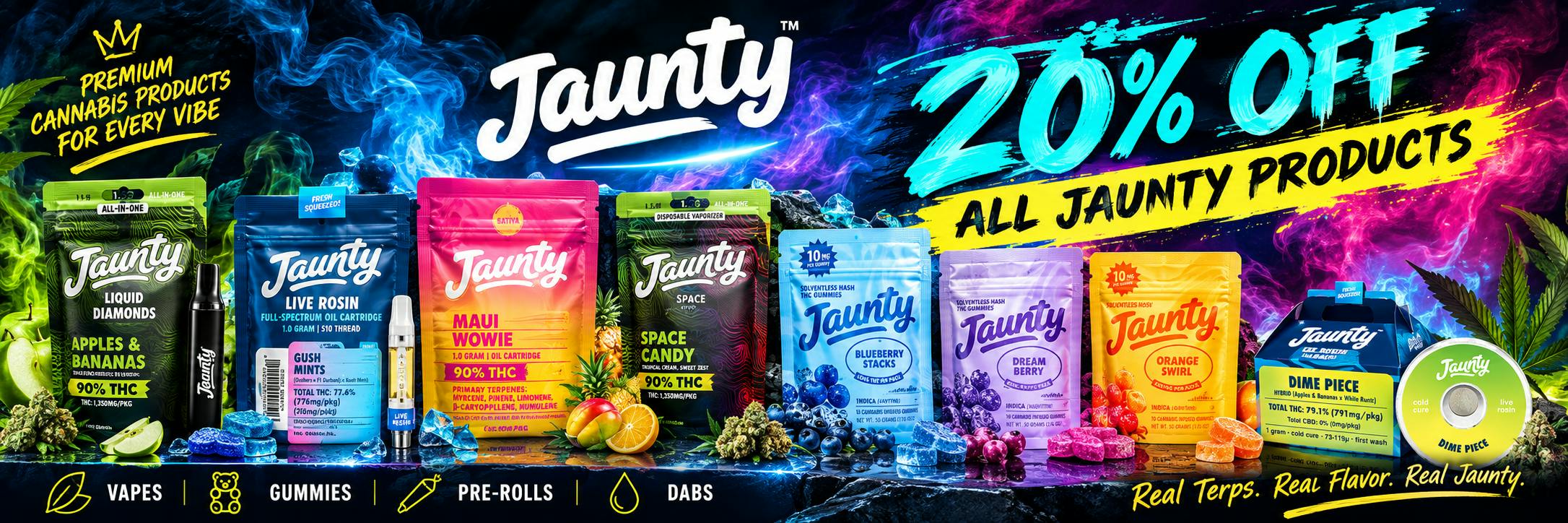 Jaunty cannabis products promotional banner offering 20% off all vapes, gummies, pre-rolls, and dabs.