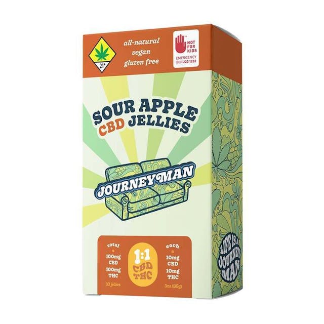 An apple a day keeps the bad vibes away. Our Sour Apple Jellies are made with a 1:1 ratio and offer a glowing, balanced, and full experience with an even measure of THC and CBD.All-Natural, Vegan and Gluten Free100mg CBD/100mg THC, 10-pack (10mg CBD/10mg THC each)