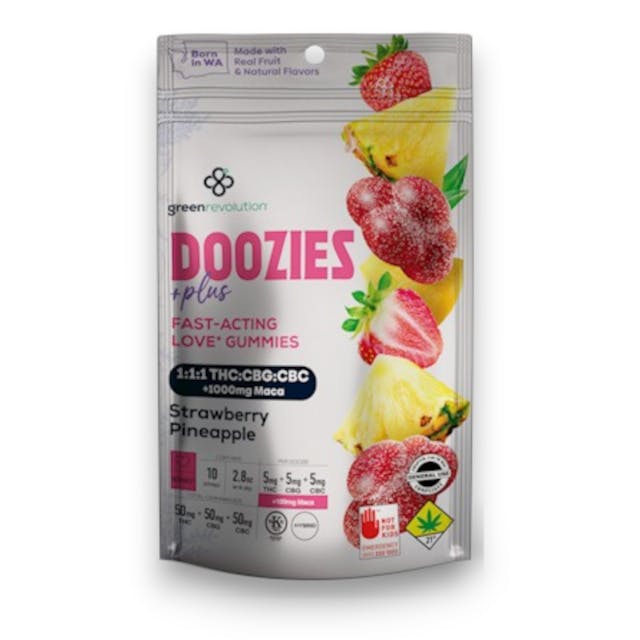 Elevate your intimate moments with our Doozies + Plus Fast-Acting Love Gummies in Strawberry Pineapple flavor. Crafted with a potent blend of 1:1:1 THC:CBG:CBC, these gummies are designed to enhance your mood, increase stamina, and boost your energy. Infused with 100mg of Maca per Doozie, known for its libido-enhancing properties, these gummies offer a perfect balance of pleasure and relaxation.