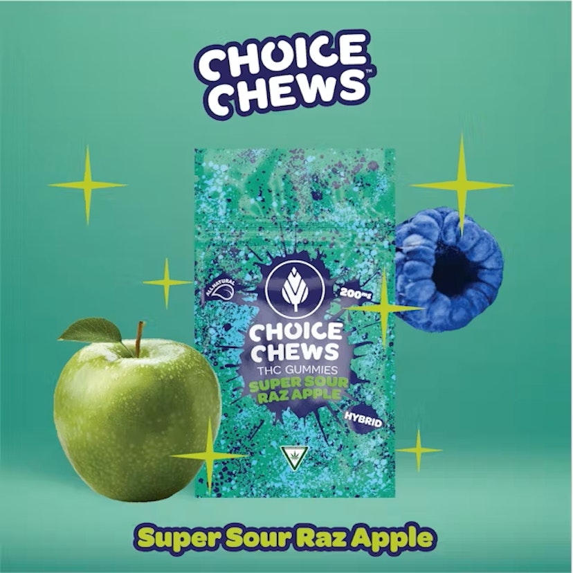 Choice Chews 200mg Gummies Super Sour Raz Apple